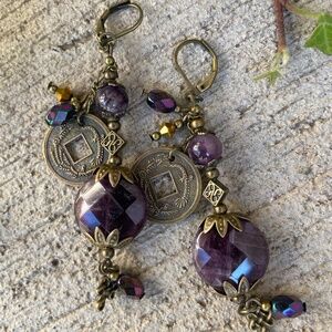 Dramatic 3 1/2” Amethyst Earrings w Chinese Coin Charms. Hippie, Boho Style.